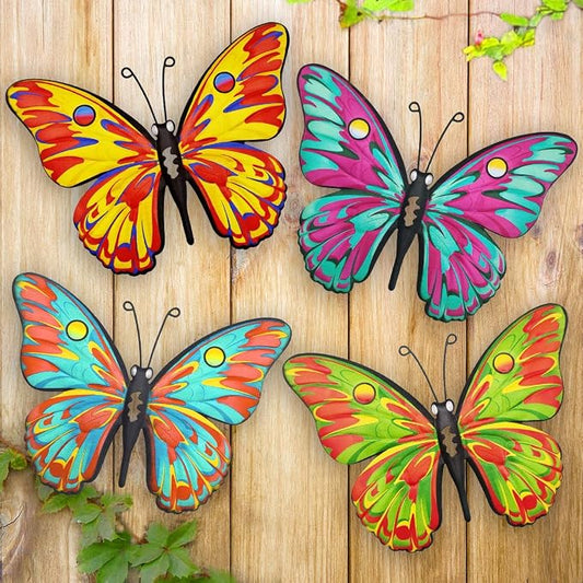 Daogtc Metal Butterfly Wall Decor - 9.6" Outdoor Fence Wall Art Decor, Hanging Decorations for Garden Yard Living Room Bedroom Patio Balcony(4 Pack)