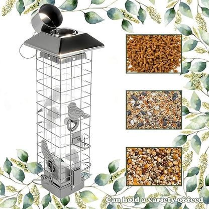 Squirrel Proof Bird Feeders for Outdoors, Metal Wild Bird Feeder for Outside Hanging, 4 Ports Perches, 3LB Large Capacity(Gray)