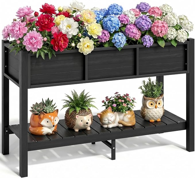 YITAHOME 48x18x30in Raised Garden Bed HDPE, Weather-Resistant Poly Lumber Planter Box with Legs & Storage Shelf, Elevated Garden Bed for Yard, Garden, Balcony - Black
