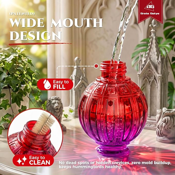 2 Pack Glass Hummingbird Feeder for Outdoors Hanging, Bird Nectar Feeder with Perch & 5 Flower Feeding Ports, 26 Oz Leak Proof for Outside Garden Decor Backyard, Gifts for Women Mom, Red + Purple Red