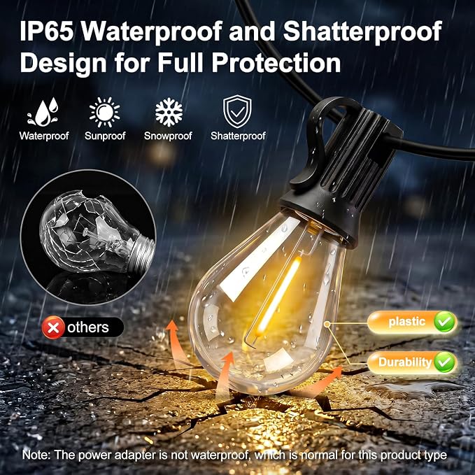 100FT Solar String Lights Outdoor, IP65 Waterproof Shatterproof LED Bulbs, Solar & USB Dual Powered, 20+ Hrs Long Lasting, Hanging Lights for Patio, Backyard, Garden, Wedding, Party Decor