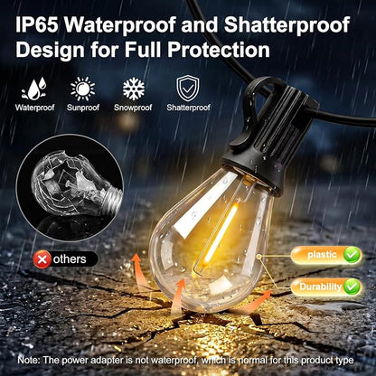 100FT Solar String Lights Outdoor, IP65 Waterproof Shatterproof LED Bulbs, Solar & USB Dual Powered, 20+ Hrs Long Lasting, Hanging Lights for Patio, Backyard, Garden, Wedding, Party Decor