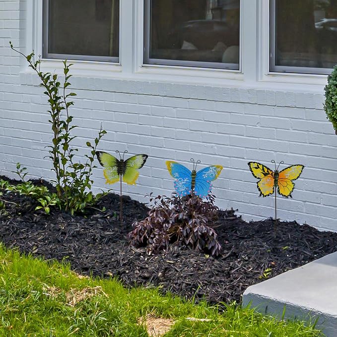 3 Pack Butterfly Garden Stakes Decor, 17" H Metal Butterflies Stakes Yard Art Ornaments for Indoor Outdoor Lawn Porch Pathway Patio Plant Pot Flower Bed Decor