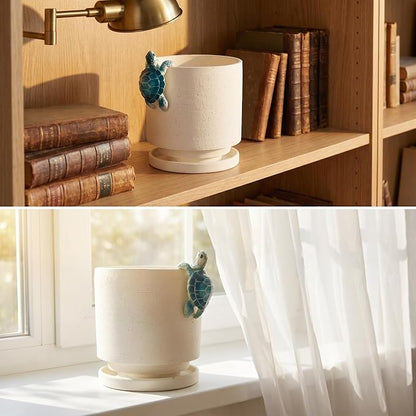 Ceramic Plant Pot with Resin Climbing Tortoise Figure, 5.75 Inch,White | Drainage Hole and Saucer, Cylinder Shape, Indoor Use, Home Garden