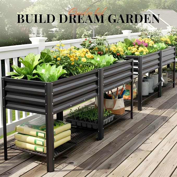 KING BIRD Large Raised Garden Bed with Legs & Storage Shelf Galvanized Elevated Planter Box for Backyard, Patio, Balcony, 600lb Capacity, Dark Grey 70.9x22.8x31.5 in