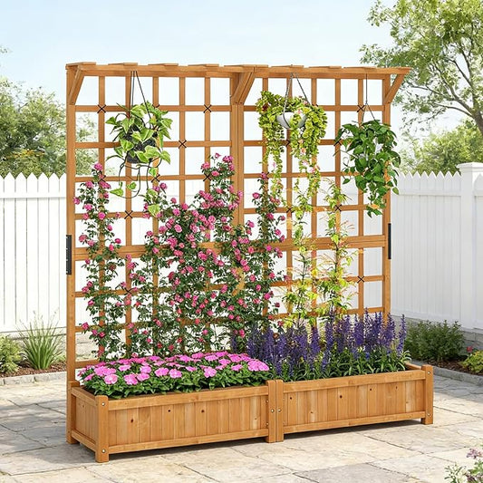 COSTWAY 71” Large Wooden Raised Garden Bed with Trellis and Hanging Roof, 2 Planter Boxes, 4 Drainage Holes, Removable Bottom Plate for Climbing Plants, Flowers, Outdoor Balcony Planter