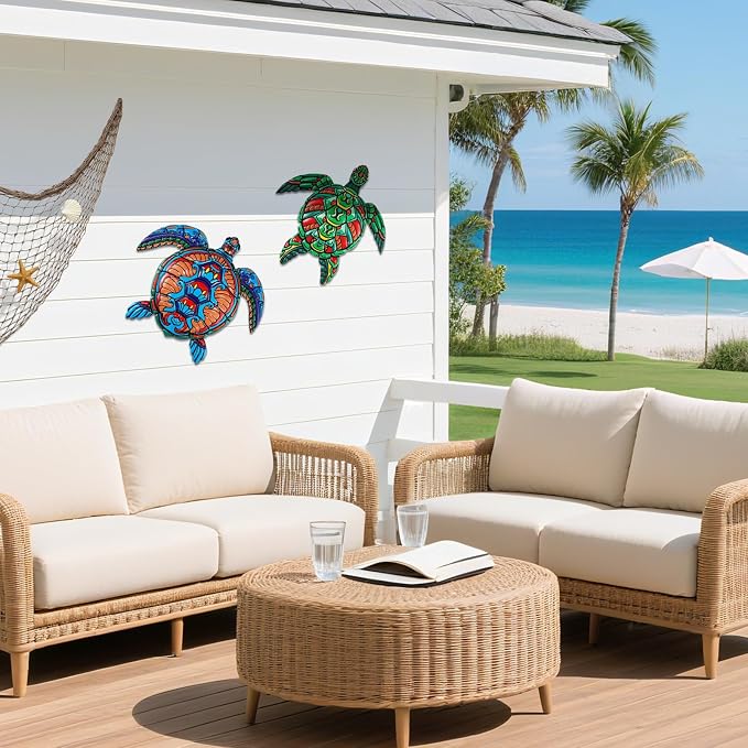ULENDIS 2 PCS Metal Sea Turtle Wall Art Decor, Ocean Theme Outdoor Wall Decor, Nautical Hanging Decorations for Garden Pool Fence Patio Bathroom Indoor