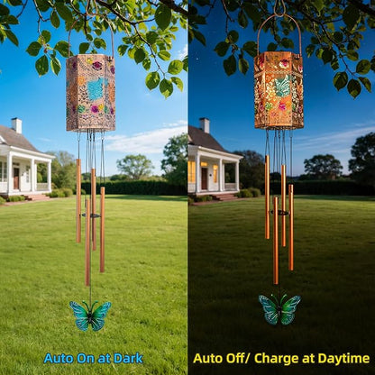 Butterfly Solar Light Wind Chimes for Outside, Hanging Memorial Wind Chimes Gifts for Mother’s Day Women Mom Grandma Sister
