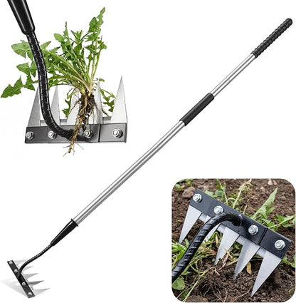 Iron Weeding Rake with Long Handle - Upgraded Rake 5 Teeth Weed Puller Tool, Heavy Duty Manual Weeder Remover Tool for Weeding, Cultivating & Soil Aeration