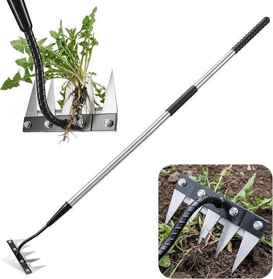 Iron Weeding Rake with Long Handle - Upgraded Rake 5 Teeth Weed Puller Tool, Heavy Duty Manual Weeder Remover Tool for Weeding, Cultivating & Soil Aeration