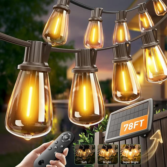 addlon 78(72+6) FT Solar String Lights Waterproof with Remote & USB Port, 24+2 LED Shatterproof Bulbs Patio Lights, Dimmable & Timable 3 Lighting Modes Solar Light for Backyard Camping Garden Decor
