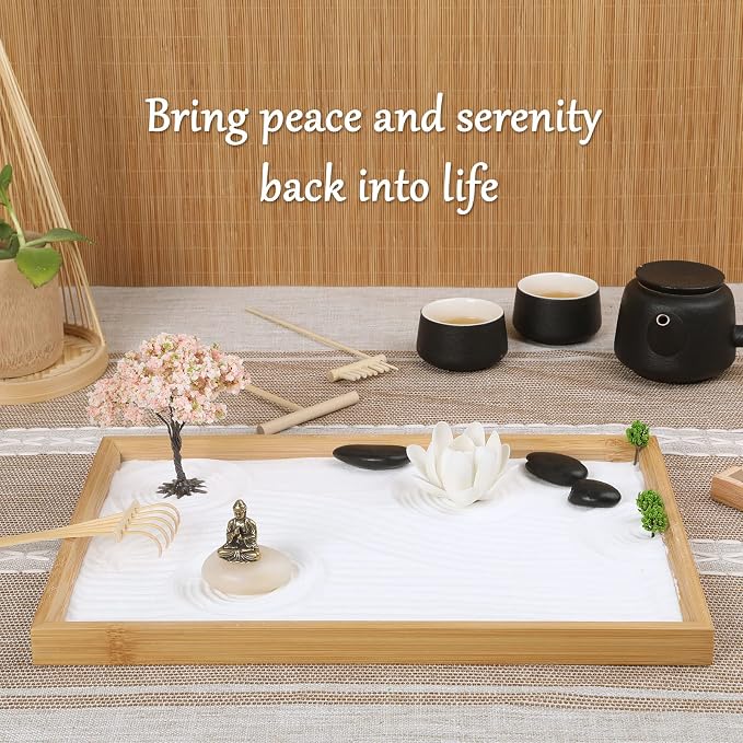 Mini Zen Garden for Desk Buddha | 11 x 7.5 in Desktop Sand Tray with Buddha, Japanese Meditation Gift Set for Home, Office, Therapy Room & Desk Decor
