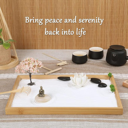 Mini Zen Garden for Desk Buddha | 11 x 7.5 in Desktop Sand Tray with Buddha, Japanese Meditation Gift Set for Home, Office, Therapy Room & Desk Decor