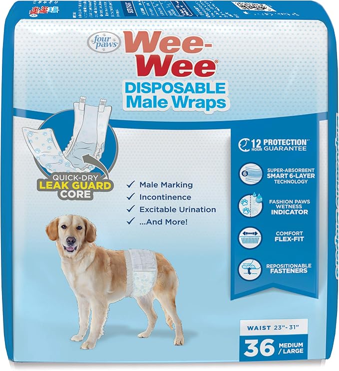 Four Paws Wee-Wee Disposable Male Dog Wraps Male Wraps Medium/Large (36 Count)