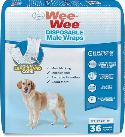 Four Paws Wee-Wee Disposable Male Dog Wraps Male Wraps Medium/Large (36 Count)