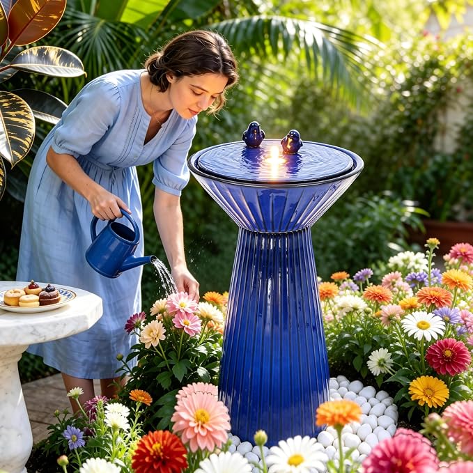 AUTODAYA 28" Ceramic Outdoor Water Fountain LED Birdbath, Cobalt Blue | reactive glaze finish, bird accents, patio garden porch Backyard