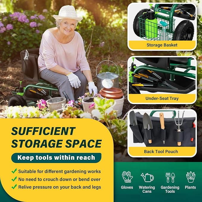 Baotree Garden Seat with Wheels, Rolling Garden Stool with Adjustable 360°Swivel Seat, Storage Basket & Extendable Handle, Outdoor Gardening Scooter, Garden Cart Workseat Stools for Seniors