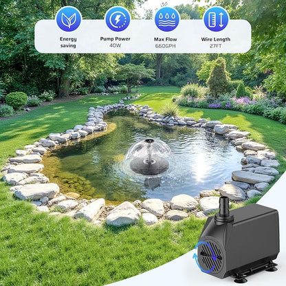 Antfraer Floating Pond Fountain with Remote Control RGB LED Lights, 40W 660GPH Water Pump with 3 Spray Modes, Floating Fountain 27FT Cord & 65.6FT Mooring Line for Garden Ponds, Outdoor Water Features