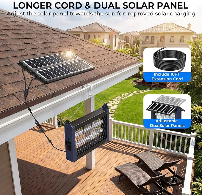 Upgraded Solar Bug Zapper Outdoor with Dual Panels, 4500V Cordless Rechargeable Fly Insect Killer Waterproof Electric Mosquitoes Zapper for Patio Garden Backyard RV Camping Pond