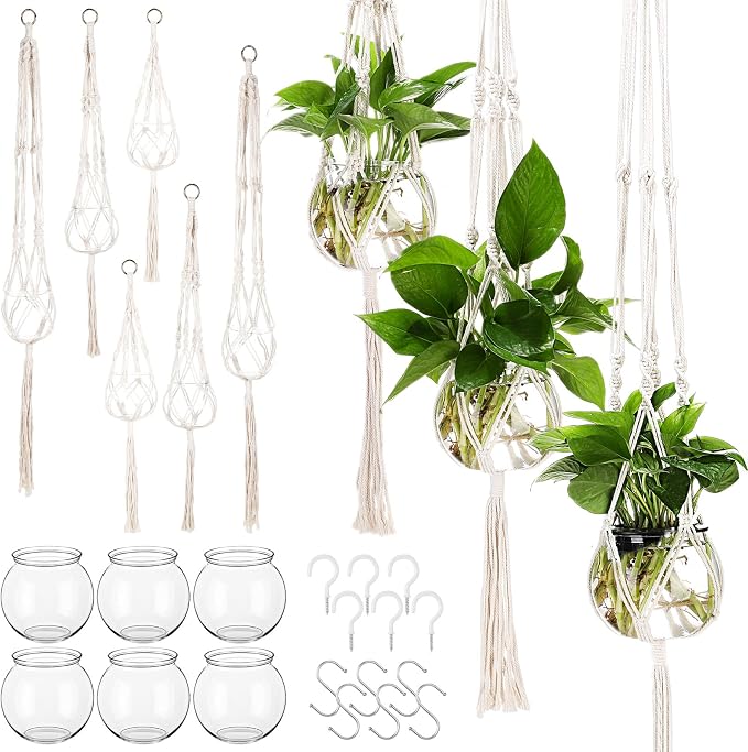 Colingmill 12 Pcs Plastic Plant Propagation with Boho Macrame Hanger Wall Plant Propagation Station Hanging Holder Include Hooks Kit for Indoor Home Garden Office Decor 3 Size (White)