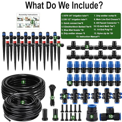 Drip Irrigation Kit – 230FT Automatic Garden Watering System with Quick-Connect 1/4" & 1/2" Fast-Lock Tubing, Adjustable Nozzles & Sprinklers for Greenhouse, Lawn, Potted Plants