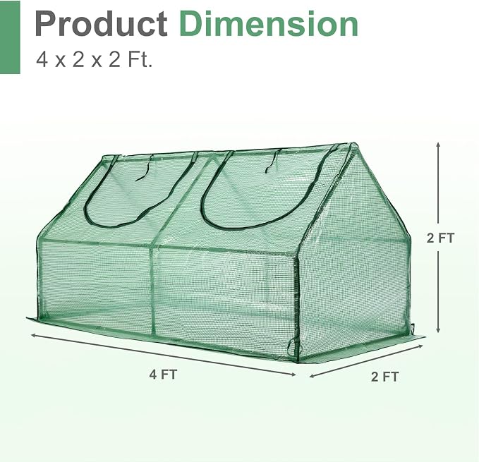 Aoodor 4 x 2 x 2 ft Mini Greenhouse with 2 Zipper Doors, Water Resistant, UV Protected for Flowers, Vegetables and Herbs, Green