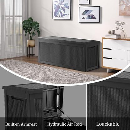 Outdoor Storage Box, 320 Gallon Waterproof Deck Box, Dual Gas-Spring Ultimate Resin Organizer for King Cushions, Heavy-Duty Lockable Estate Storage Bench, Backyard BBQ, Black