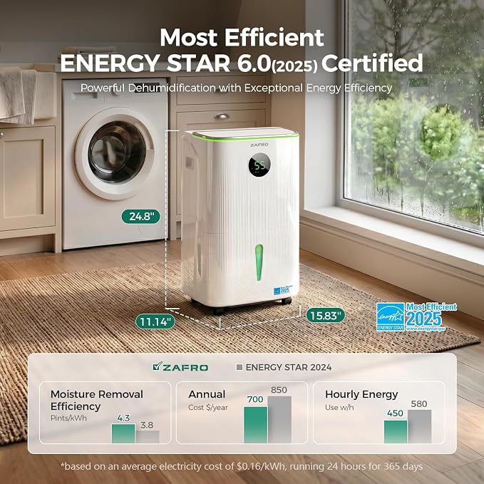 ZAFRO 150 Pints Smart Dehumidifier with Drain Hose Up to 7500 Sq.Ft, 2.11 Gal Large Water Tank, Most Efficient Energy Star 6.0, WiFi Enabled, 6 Modes, Auto Humi, Basement Bedroom Bathroom Dehumidifier