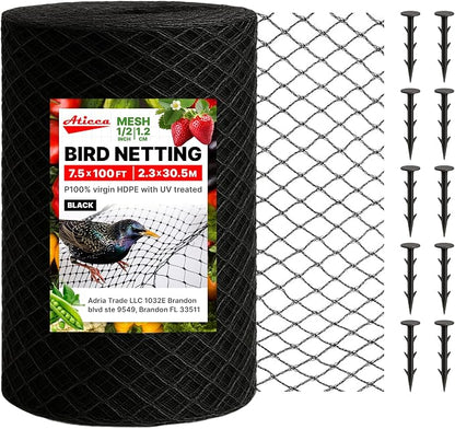 ATICCA Heavy Duty Bird Netting for Garden Protection & Fruit Trees, 7.5x100 Ft with 10 Stakes – Black Anti-Bird Net for Poultry, Deer, & Squirrel Protection, Durable Mesh for Garden and Yard Use