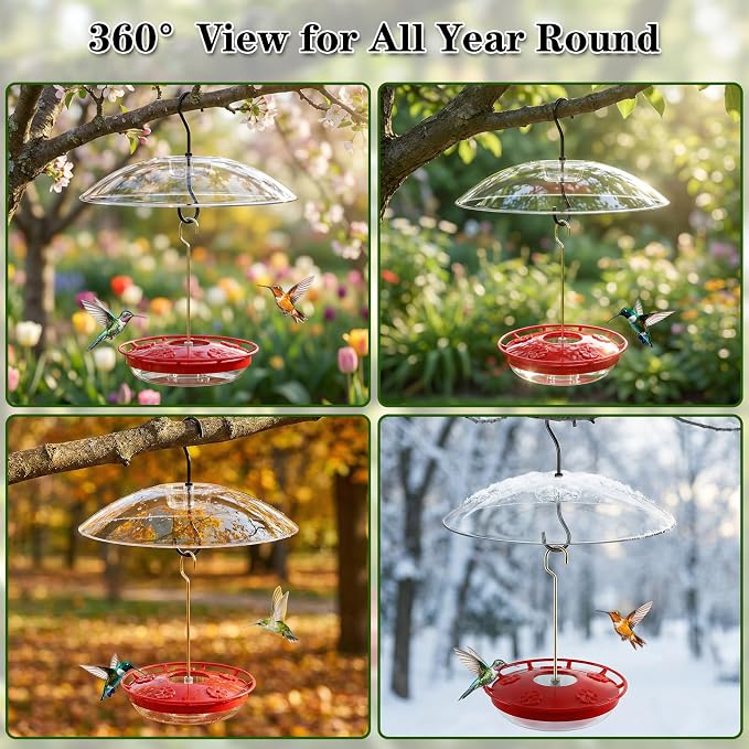 FEED GARDEN Hummingbird Feeder with Rainproof Dome, 16oz Nectar Feeder 11.8" Rain Guard Weatherproof Ant Moat Easy Fill & Clean Hanging Leak-Proof BPA-Free