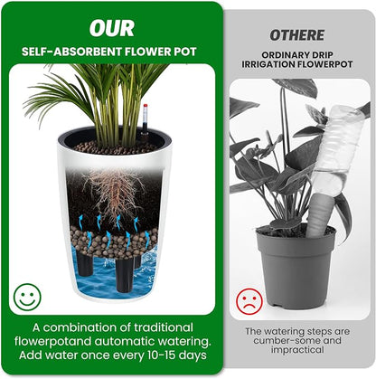 Garvee Tall Planters for Outdoor Plants, 16 in Large Planters Set of 2, Outdoor & Indoor Planters with Water Level Monitor ＆ Inner Bucket, Automatic Watering, for Porch, Patio, Backyard, White