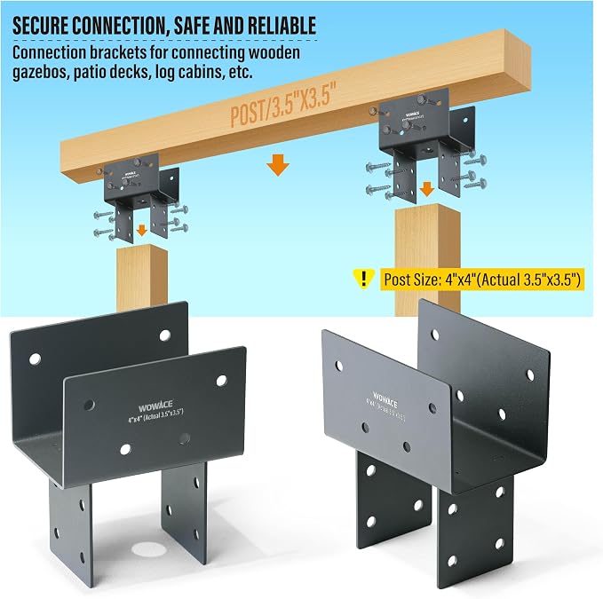 2pcs 4x4 (Actual 3.5"x3.5") Post Cap Tie Bracket, Heavy Duty Stainless Steel Wood Beam Support Bracket. for Ggazebos, Patio Decks, and Porches Wood Post to Beam Support Connection (Dark Ggray)