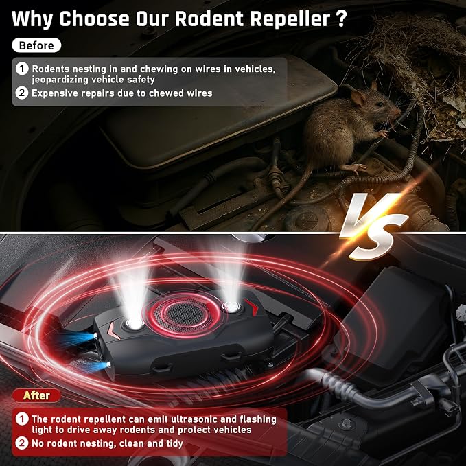 Ultrasonic Rodent Repeller for Car, Under Hood Mouse Repellent with 4 LED Strobe Lights – Battery, USB & Engine Powered, Drives Rats, Mice & Squirrels from Vehicles, Warehouses, Garages