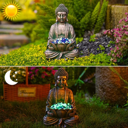 12" Meditating Buddha Statue w/Lotus - Zen Garden Sculpture Decor (Bronze) | for Indoor/Outdoor Decor, Home & Garden Decoration with Magical Glow in Dark Pebbles and Glass Stones - Antique Bronze
