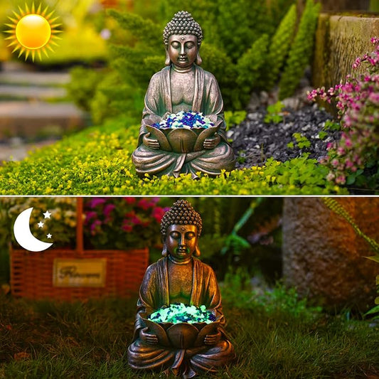 12" Meditating Buddha Statue w/Lotus - Zen Garden Sculpture Decor (Bronze) | for Indoor/Outdoor Decor, Home & Garden Decoration with Magical Glow in Dark Pebbles and Glass Stones - Antique Bronze