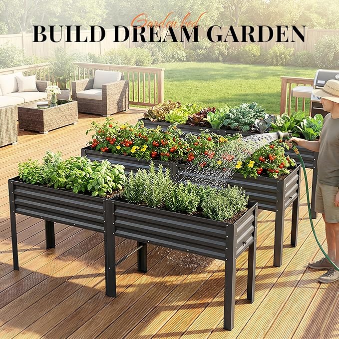 KING BIRD Raised Garden Bed with Legs & Water Storage Tank Galvanized Elevated Planter Box 80×17×31.5 in for Backyard, Patio, Balcony, 500lb Capacity, Dark Grey