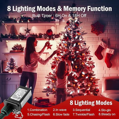 Brightown C9 Christmas Lights Outdoor 2 Pack, Total 162ft 200 LED Red&White | with Timing & Memory, 8 Modes, Connectable, Waterproof - C9 Christmas Lights for Indoor Outside Tree Home Yard Decoration