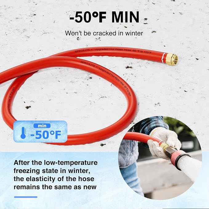 SPECILITE 1" Hot/Cold Garden Water Hose 75ft, -50℉ to 190℉, High Water Flow, Flexible & Lightweight, Heavy Duty Rubber Pipe with 1" to 3/4" Brass Adapters for All-weather Outdoor Industrial Farm, Red