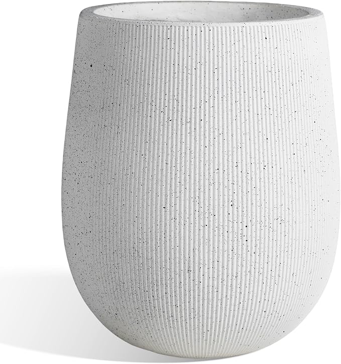Worth Garden White Large Round Planter, 12.5" Dia x 18.5" H Lightweight Magnesium Oxide Cement Plant Pot with a Striped Textured Finish, Raised Pattern Concrete Look, Drainage Hole, Indoor & Outdoor