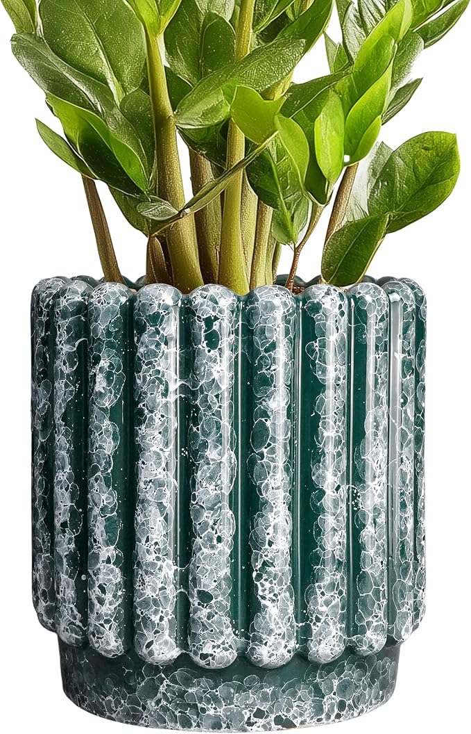 Ceramicfor Ceramic Flower Pot, 7.6 Inch, Green | Drainage Hole, Round Fluted Design, Indoor Outdoor Use, Decorative Planter
