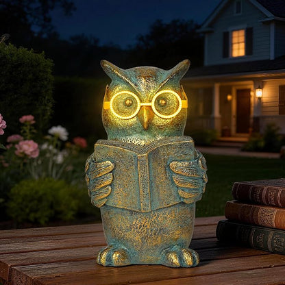 Reading Owl Statue with Solar Glasses Bronze Resin Garden Decoration Outdoor Figurine Light for Patio, Yard, Lawn, Housewarming Home Decor Gift for Women