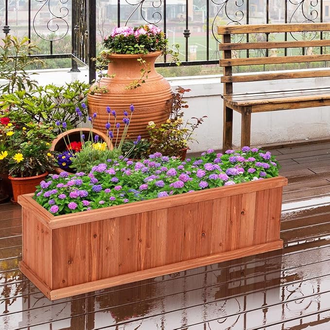 LDAILY Raised Garden Bed, Outdoor Rectangle Flower Beds with Bottom Panels & 2 Drainage Holes, Wood Planter Box for Flowers/Vegetables/Fruits in Backyard Patio (40" L x 12’’ W x 12’’ H)