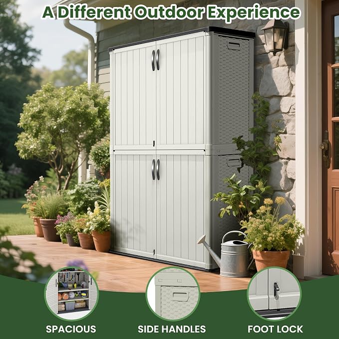 Greesum Outdoor Storage Shed Without Divider, 50 cu.ft Outdoor Waterproof Storage Cabinet for Garden Tools, Garbage Cans, Pool Storage, Beige
