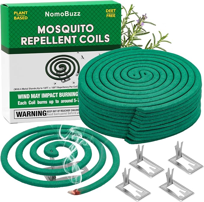 NomoBuzz Mosquito Repellent Coils Outdoor Citronella DEET-Free 20 Count | Plant-Based Citronella Formula, Each Coil Burns for 5-7 Hours, Up to 10-Foot Coverage, Ideal for Patio Camping with 4 Stands