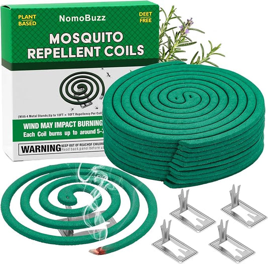NomoBuzz Mosquito Repellent Coils Outdoor Citronella DEET-Free 20 Count | Plant-Based Citronella Formula, Each Coil Burns for 5-7 Hours, Up to 10-Foot Coverage, Ideal for Patio Camping with 4 Stands