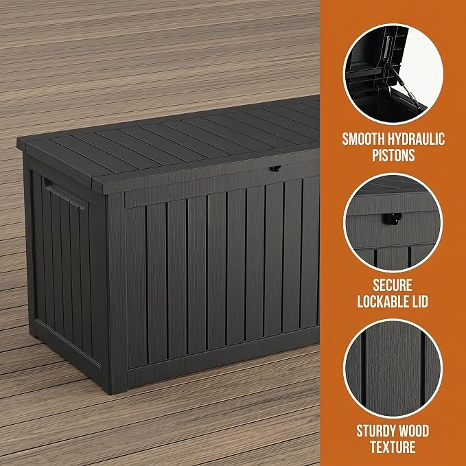 230 Gallon Deck Box, Waterproof Resin Outdoor Storage Box Lockable for Patio Furniture, Fade Resistant Patio Side Table & Organizer for Garden Tools, Pool Floats, Outdoor Cushions, Black