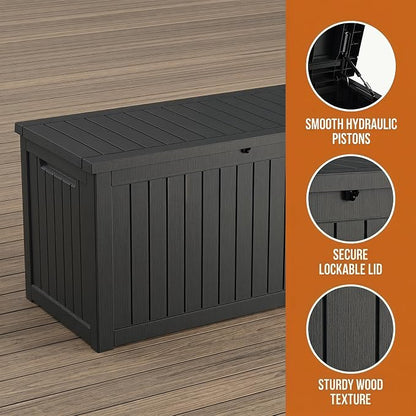 230 Gallon Deck Box, Waterproof Resin Outdoor Storage Box Lockable for Patio Furniture, Fade Resistant Patio Side Table & Organizer for Garden Tools, Pool Floats, Outdoor Cushions, Black