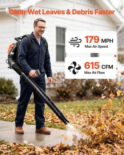 VEVOR Backpack Leaf Blower, 75.6CC 4-Stroke Engine Gas Powered Leaf Blower with 1.8L Fuel Tank, 615 CFM Air Volume, 179 MPH Air Speed, Ideal for Lawn Care, Leaves Cleaning, Yard Debris & Snow Removal | 1.8L Fuel Tank, 615 CFM Air Volume, 179 MPH Air Sp...