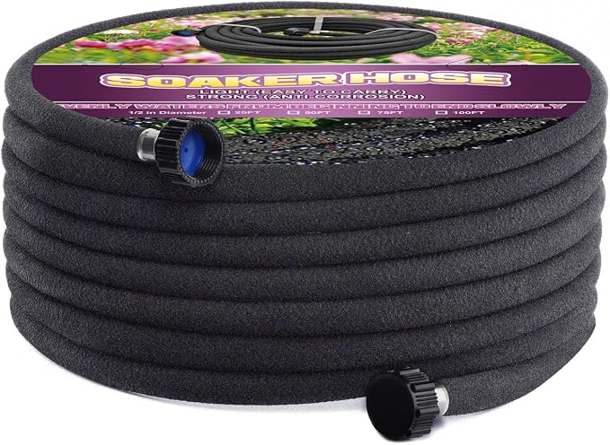 Soaker Hose 75ft - 5/8 Round Rubber Garden Soaker Hoses, Heavy Duty Irrigation Drip Hose, Water Seeper Soaking Hose for Gardens, Flower Beds And Lawn Yard