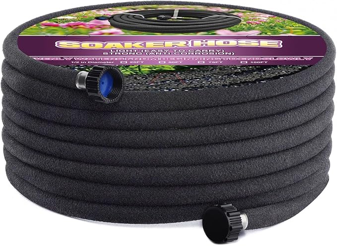 Soaker Hose 50ft -5/8 Round Rubber Garden Soaker Hoses, Heavy Duty Irrigation Drip Hose, Water Seeper Soaking Hose for Gardens, Flower Beds And Lawn Yard